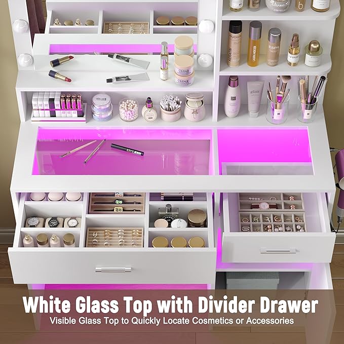 43" W Vanity Desk with Mirror & 11 Lights,Modern Makeup Desk with 5 Drawers & Cushioned Stool,3 Lighting Modes Brightness Adjustable,Power Outlet,Bedroom Dressing Table, Pink (3 Drawers) (White)