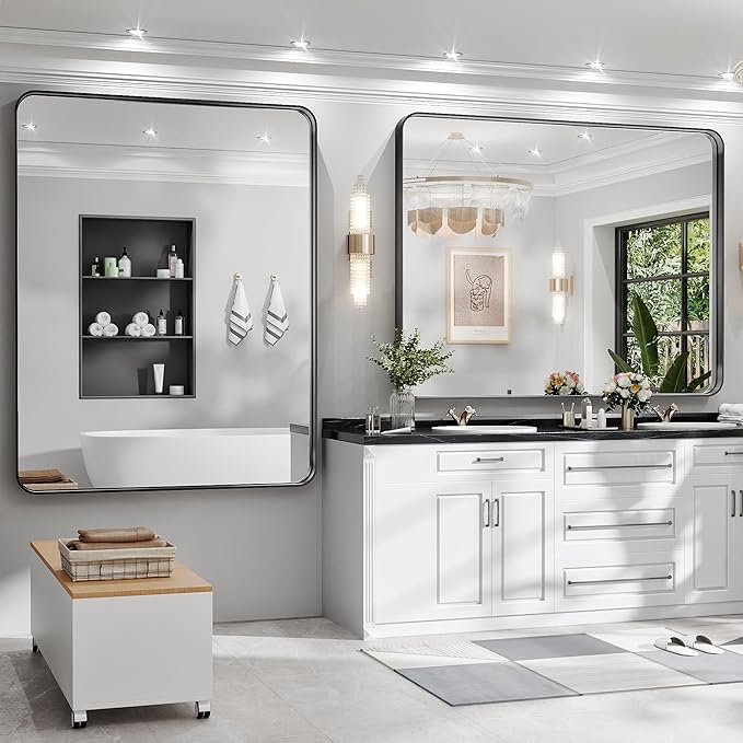 Hasipu Black Bathroom Mirror 50x40 Inch Rounded Rectangle Vanity Mirror Metal Framed Wall Mirrors Anti-Rust Surface Mount (Horizontal/Vertical)