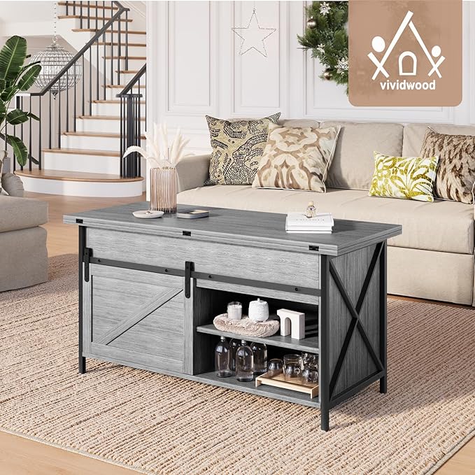 Lift Top Coffee Table with Storage and Sliding Door, 4 in 1 Multi-Function Convertible Tea Table with Hidden Compartment, Farmhouse Center Table with Wood Lift Tabletop for Living Room, Grey