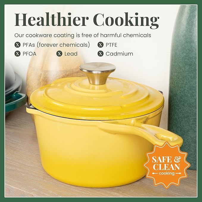 Larder & Vine Enameled Cast Iron Saucepan | 2.2 qt Sauce Pan with Lid | Saucepan with Pour Spouts | Enameled Cast Iron Pot Compatible on All Cooktops & Oven Safe to 500° F | Limoncello
