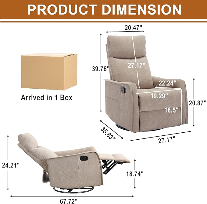 Manual 360° Swivel Rocker Recliner Chair for Adults, Overstuffed Glider Chair for Nursery with Vibration Massage and Heat, Comfy Soft Fabric Glider with Side Pockets for Living Room, Khaki