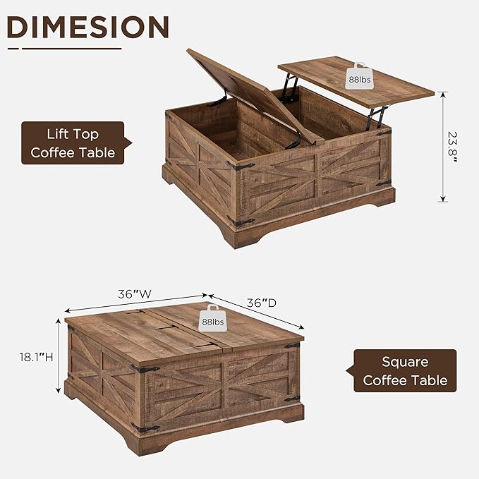 JXQTLINGMU Farmhouse Lift Top Coffee Table with Storage, 36" Wood Square Center Table with Large Hidden Compartment, Rustic Lift Tabletop Dining Table for Home Living Room, Light Brown