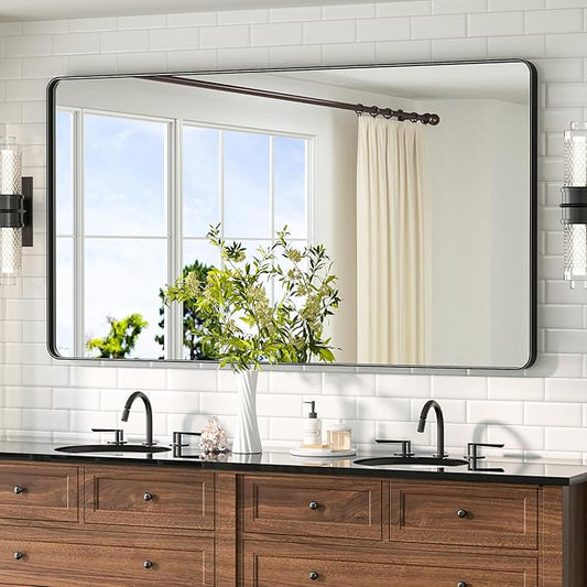 TETOTE Black Frame Mirror 55 x 30 Metal Framed Bathroom Vanity Mirrors, Tempered Glass, Modern Farmhouse Wall Mounted Mirror for Decorative(Horizontal/Vertical)