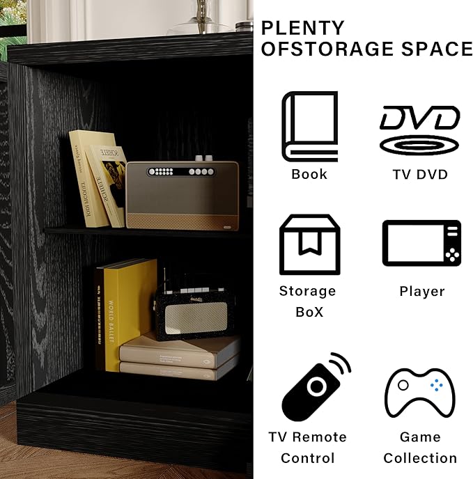 CharaVector 3-Sided Farmhouse TV Stand for TVs up to 75'', Modern TV Console with Glass Door Storage Cabinet, 60'' Large TV Stands for 30''Fireplace, Black (ONLY TV Stand)