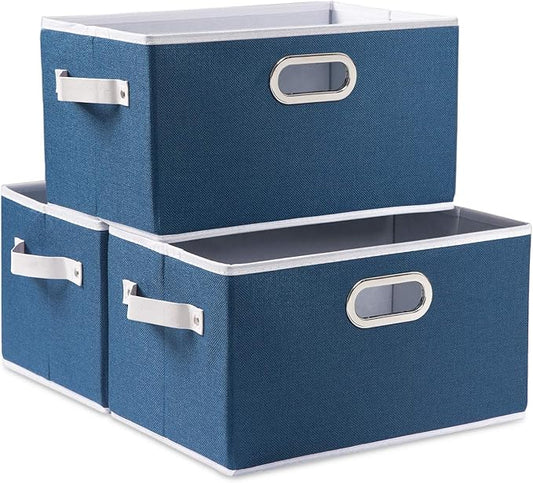 PRANDOM Fodable Storage Bins for Closet [3-Pack] Decorative Fabric Storage Baskets Cubes with Leather/Metal Handles for Shelves Bedroom Living Room Royal Blue (11.5x8.5x6.7 Inch)