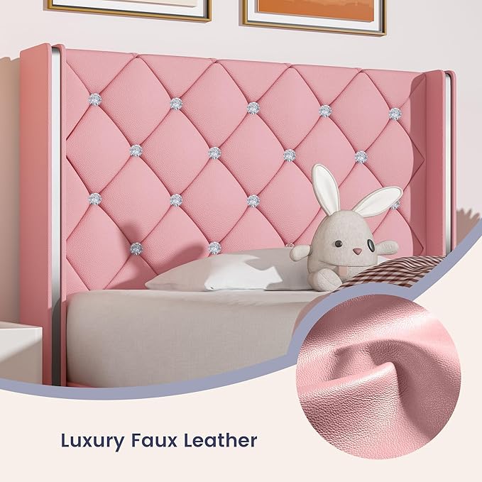 Twin Bed Frame with Headboard, Faux Leather Upholstered Bed with Diamond Tufted Design, Girls' Twin Bed Frames for Kids, No Box Spring Required, Easy Assembly, Pink