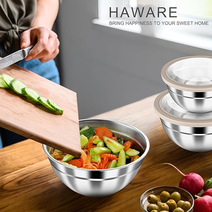 HaWare Mixing Bowls with Airtight Clear Lids, 6-Piece Stainless Steel Strong Nesting Bowls Set, Metal Salad Bowl for Cooking, Prepping, Baking, Serving & Food Storage, Size 4.6, 3, 1.5QT, Khaki