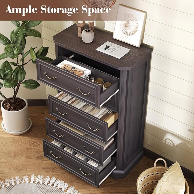 Farmhouse 48" Tall 5 Drawers Dresser for Bedroom, Wood Rustic Chest of Drawers with Corner Bevel Shape, Closet Storage Dressers Organizer for Bedroom, Living Room, Hallway, Dark Brown