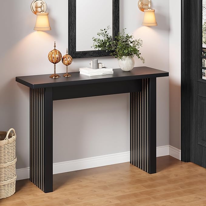 Fluted Entryway Console Table, Wooden Rectangular Sofa Table for Entrance, Narrow Wood Entryway Small Long Entry Table for Hallway, Living Room (Black)