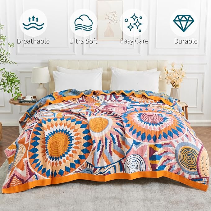 Boho Throw Blanket for Bed-100% Cotton Soft Breathable Farmhouse Decor Boho Quilt for Sofa (Colorful Sun, 60"x80")