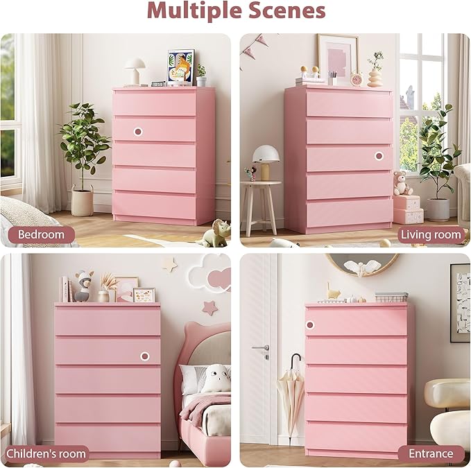 Modern Pink 5 Drawer Dresser for Bedroom, 15" D x 23.7" W x 40.4" H in Simply Chest of Drawers, Wood Storage Dresser with Deep Drawers for Living Room Hallway Entryway, Pink