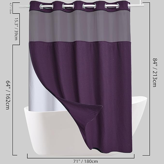Extra Long No Hook Waffle Weave Shower Curtain with Snap in Liner Set, Hotel Luxury Purple Shower Curtains for Bathroom with See Through Top Window, Waterproof, Washable 71W x 84H