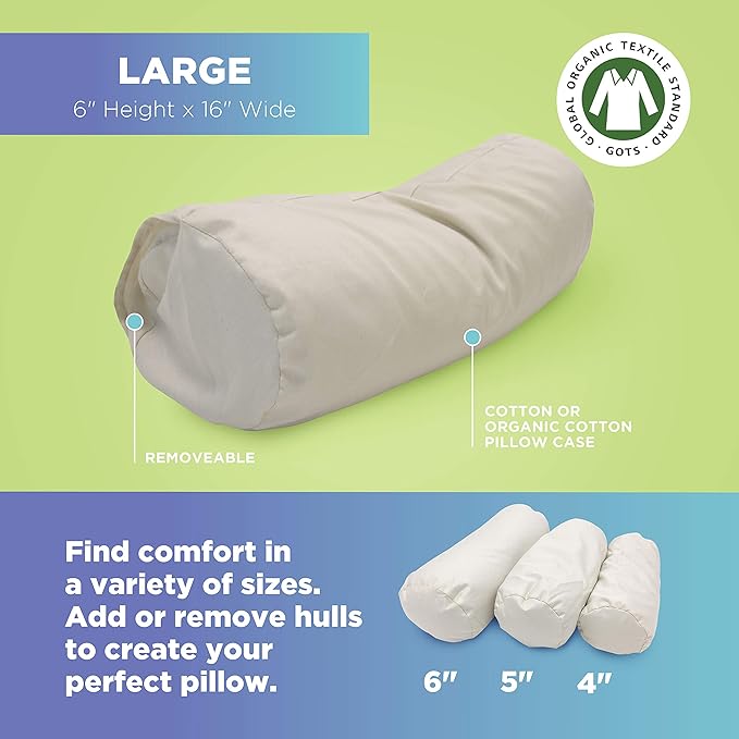 Bean Products WheatDreamz Neck Roll Pillow + Natural Case - 100% Organic Cotton - Filled with Organic Buckwheat - 6" x 16"+case