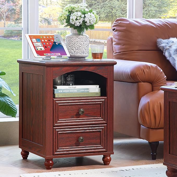 18" Farmhouse Night Stand Set 2 with Charger Station, RedOak 2 & 3 Drawers Wood Nightstand, Bedside End Table with Storage and Roman Column, Bed Side Tables Cabinet for Bedroom Living Room and Closet