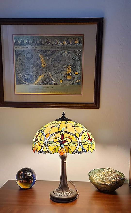 Tiffany Style Table Lamp Banker 23" Tall Stained Glass Green Tan Orange Yellow Floral Flower Vintage Antique Light Décor Living Room Bedroom Handmade Gift AM313TL16B Amora Lighting