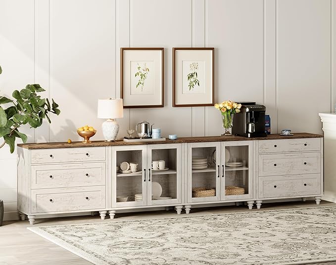 WAMPAT Modern TV Stand for TVs up to 110 inch, 4 in 1 Entertainment Center with Storage Cabinets and 4 Glass Door, Media Console with 6 Drawer Dresser for Living Room, Rustic White