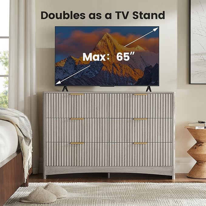 Amada Modern 6 Drawer Dresser, Fluted Wood Chest of Drawers with Rounded Corners, Pre-Installed Drawer Slides, Dresser TV Stand and Storage Organizer for Bedroom, Hallway, Grey