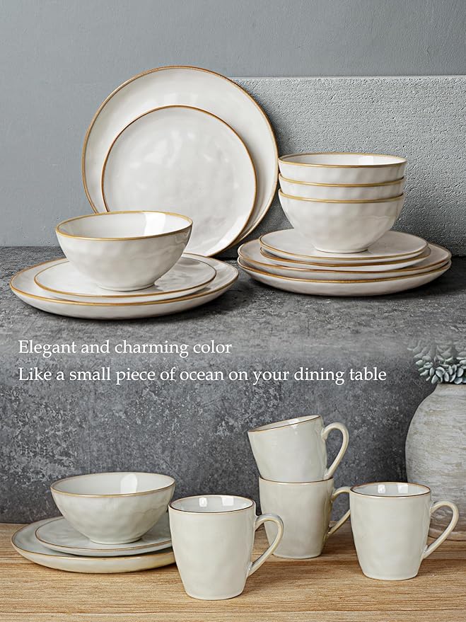 Famiware Dinnerware Sets for 4, Ocean Round 12-Piece Kitchen Plates and Bowls Sets, Reactive Glaze, Microwave and Dishwasher Safe, Scratch Resistant, Cappuccino White