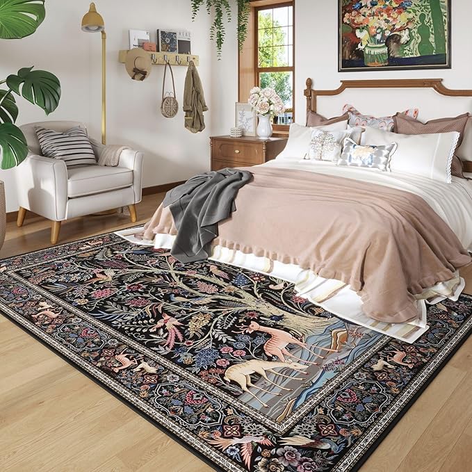 Area Rugs 9x12 Living Room Vibrant Tree of Life-Patterned Vintage Washable Rug Non Slip Low Pile Large Rug for Bedroom Farmhouse Dining Room Kids Playroom, Black
