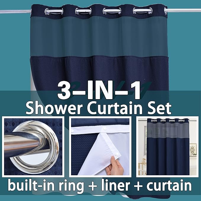 Conbo Mio No Hook Waffle Weave Shower Curtain with Snap in Liner Set, Hotel Luxury Navy Blue Shower Curtains for Bathroom with See Through Top Window, Waterproof, Washable 71W x 74H