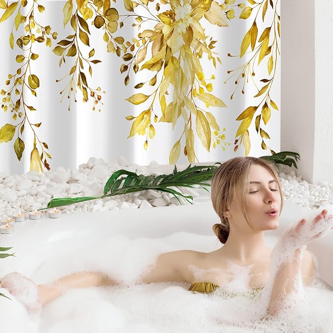 Gibelle Extra Long Shower Curtain 72 x 84, Yellow Floral Shower Curtain for Bathroom, Watercolor Plant Eucalyptus Leaves Fabric Shower Curtain Set with Hooks