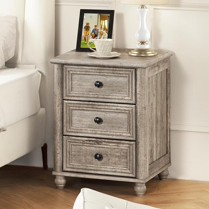 18" Farmhouse Night Stand Set of 2, Gray Wood Nightstand with 3 Drawers, Bedside End Table with Storage and Roman Column, Bed Side Tables Cabinet for Bedroom, Living Room, and Closet