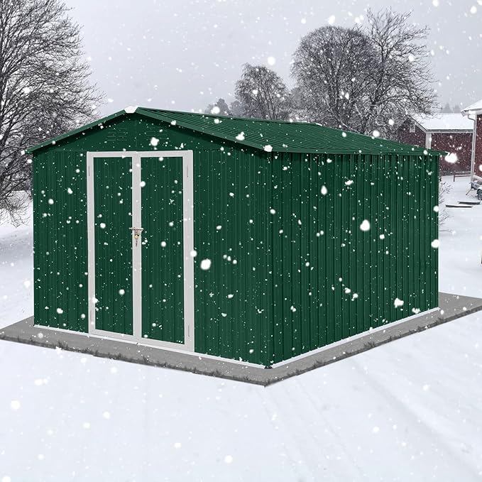 10 x 8 FT Outdoor Storage Shed, Metal Garden Tool Shed with Slooping Roof, Lockable Doors and Aluminum Frames, Easy to Assemble for Garden, Patio, Lawn, Green