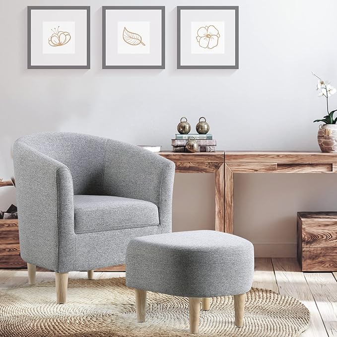 DAZONE Accent Chair with Ottoman, Modern Comfy Armchair Upholstered Barrel Club Chair and Footrest Set, Fabric Tub Arm Chairs for Living Room Bedroom Small Spaces Apartment Office, Set of 2, Gray