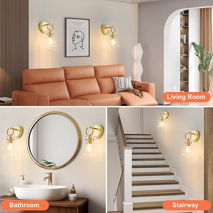 Gold Wall Sconce for Bathroom Modern Vanity Light Fixtures 1-Light Wall Mount Lighting Lamp Farmhouse Wall Lights with 6 Inch Clear Glass Shade for Bedroom Living Room Mirror Kitchen