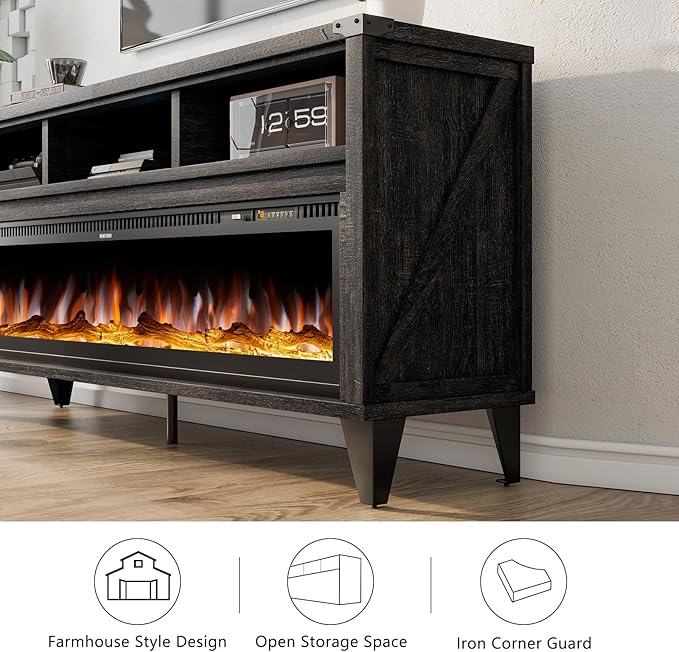 65“ Fireplace TV Stand, Farmhouse Entertainment Center with 60" Tempered Glass Electric Fireplace, Industrial Media Console with Open Storage Space for TVs up to 75", Black