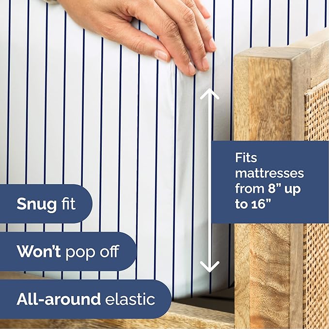 Striped Sheets - Navy Blue & White Striped Sheets - 1 Flat & 1 Fitted & 2 Pillowcases w/ Deep Pockets – Wrinkle & Fade Free - Soft, Breathable & Cooling – Luxury Pinstripe Bedding - Full Size Bed Set