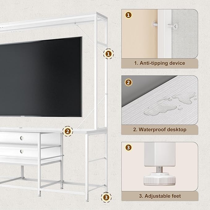 TV Stand for 55 60 inch TV, Large Wall Unit Entertainment Center with LED Lights & Power Outlets, TV Stands for Living Room, Closet, Entryway,13.8" D x 55" W x 61" H, White