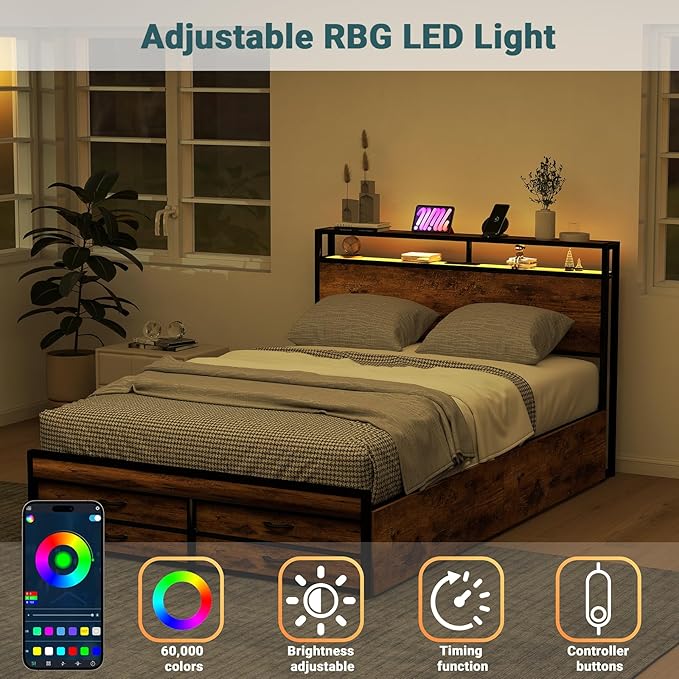 Full Size Bed Frame with 8 Storage Drawers, Full Platform Bed with Headboard, Charging Station, LED Light, Noise-Free Design, No Box Spring Required, Brown