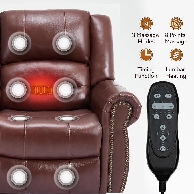 Power Lift Recliner Chair for Elderly, Dual Motor Massage Recliner with Lumbar Heat, Heavy Duty Motion Mechanism Lift Chair with Charge Ports, Genuine Leather - Red