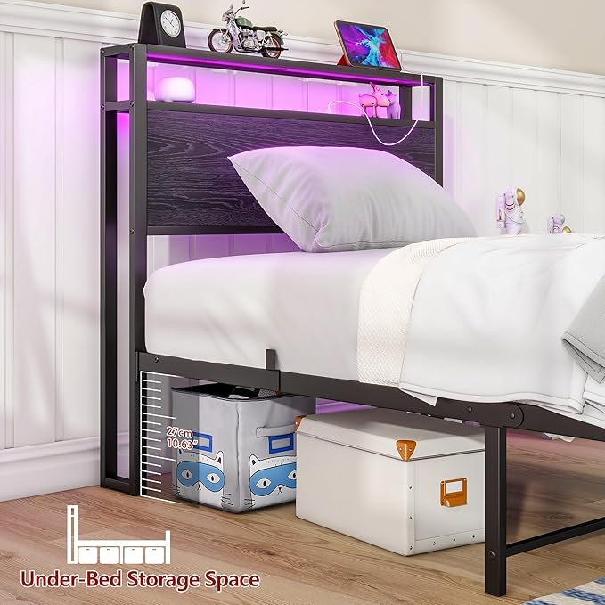 Twin Bed Frame with Storage Headboard/LED Lights,Metal Bed Frame Twin Size with Charging Station,Twin Platform Bed Frame No Box Spring Needed,Beds Base,Heavy Duty Metal Slats Support,Black