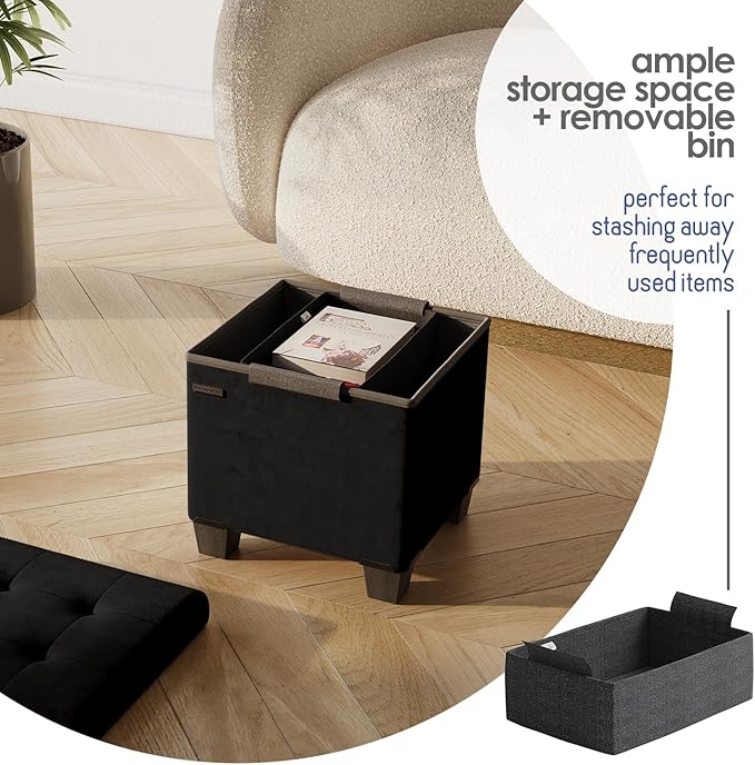 STORAGEBUD Storage Ottoman Cube with Small Bin, 15-in Square Ottoman with Storage for Living Room and Bedroom, Small Ottomans Foot Rest, Velvet Foot Stools Ottomans Max 330lbs, Black