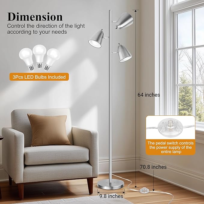 QiMH Tree Floor Lamp with 3 Light Bulbs, Standing Tall Pole Lamps for Living Room Bedroom Office, Reading Stand up Lamps with 3 Adjustable Arms,Brushed Nickel