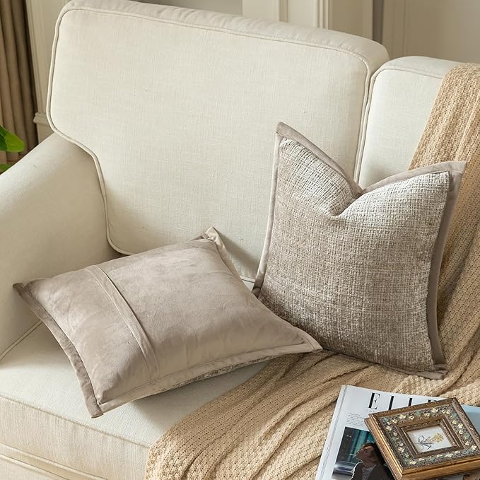Yaertun Pack of 2 Chenille Textured Decorative Throw Pillow Covers Accent Solid Cushion Cover Soft Cozy Pillow Case with Velvet Back for Couch Sofa Bed Living Room 12x20 Inch Khaki