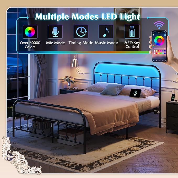 WLIVE Queen Bed Frame with Headboard, Bed Frame Queen Size with LED Lights and Charging Station, Metal Bed Frames with Storage, Black