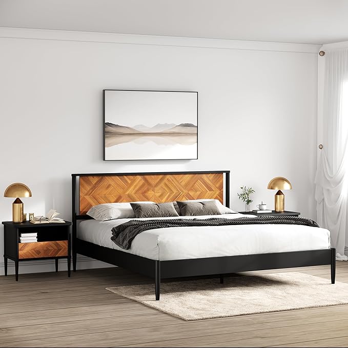 Lenia 14-Inch King Size Platform Bed Frame with Headboard – Heavy Duty Acacia Wood, Mid-Century Modern Style, 12 Strong Slats, No Box Spring Needed, Noise-Free, Easy Assembly, Teak Brown Finish