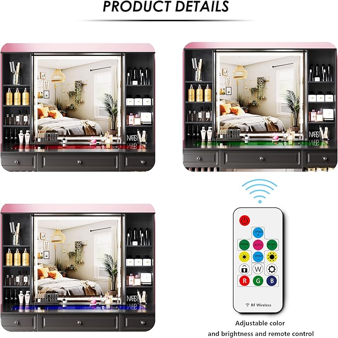 Extra Large Vanity Desk with Lighted Mirror, 47" Makeup Vanity with Glass Top, Black Vanity Table with 9 Drawers, Tall Vanity with Crystal Knobs for Bedroom (Minimalist Style)