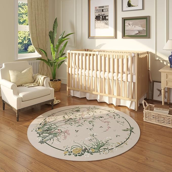 Circle Rug 4ft Chinoiserie-Style Floral Vintage Washable Round Rug Non Slip Low Pile Small Circular Rug for Bedroom, Bathroom, Entryway, Kids Room, Office, Beige