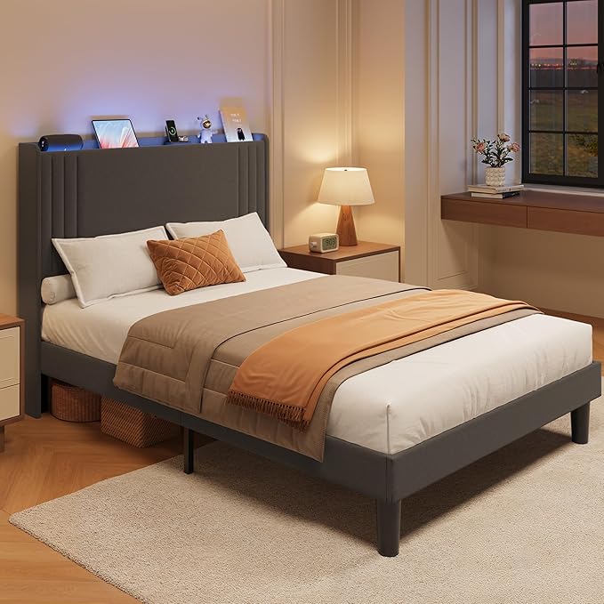 Gizoon Full Bed Frame with Charging Station and LED Lights,Upholstered Wingback Platform Bed with Wooden Slats,Noise-Free,No Box Spring Needed