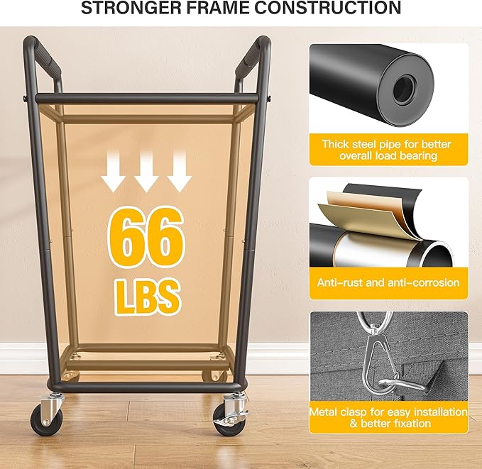 Laundry Basket with Wheels & Handles, 180L Laundry Cart with Removable Bag & Metal Frame for Clothes Storage, Laundry Room Organization Rolling Hamper with Wheels For Laundry, Dorm (Gray)