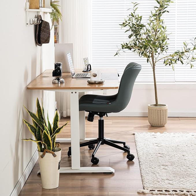 YOUNIKE Home Office Desk Chair with Wheels Armless Compact Comfy Vanity Chair with Adjustable Back Modern Small Leather Upholstered Rolling Swivel Cute Computer Task Chair No Arms Greyish Green