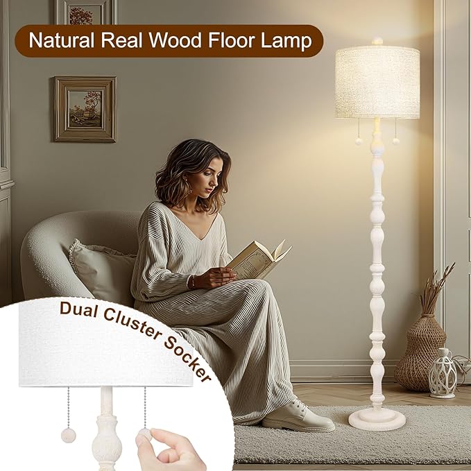 65.5” Natural Real Wood Floor Lamp for Living Room Bedroom, Dual S Cluster Socket, Pull Chains Switch, Farmhouse Tall Standing Lamp with Linen Shade for Home Room Decor (Bulbs Included)