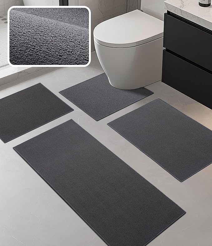 YIHOUSE Bathroom Rug Sets 4 Piece, Ultra Thin Bath Mat Fit Under Door, Quick Dry Absorbent Bath Mat for Bathroom Non Slip Machine Washable Floor Mat (Dark Grey, 4 Piece)