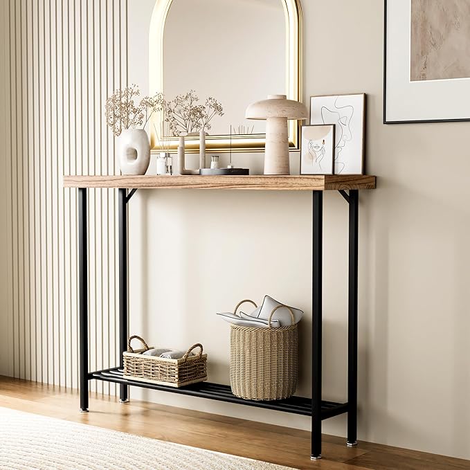 Industrial Solid Wood Console Table, 2 Tier Entryway Table with Storage Shelves, Narrow Sofa Table for Living Room, Hallway, Foyer, Entryway, Rustic Brown