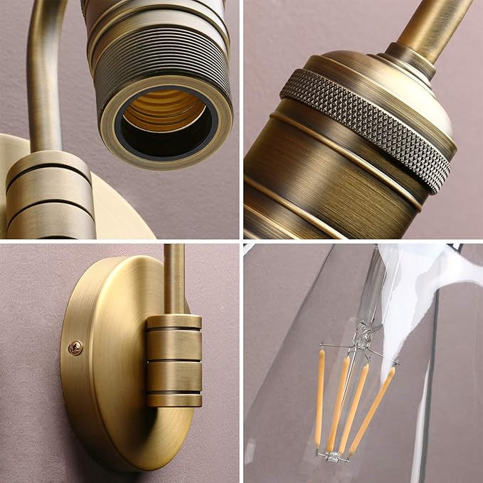 Yosoan 1-Light Brass Modern Vintage Indoor Wall Sconce, Vanity Single Luxury Hardwired Retro Textured Clear Funnel Flared Glass Shade with Industrial Gooseneck Curved Rod Bathroom Lamp(Antique)