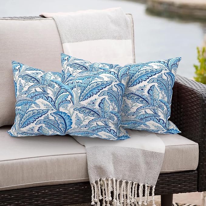 Outdoor/Indoor Lumbar Pillows, Water Repellent Cushion Pillows, 12x20 Inch, Outdoor Pillows with Inserts for Home Garden, Pack of 2, Monotone Leaves Blue